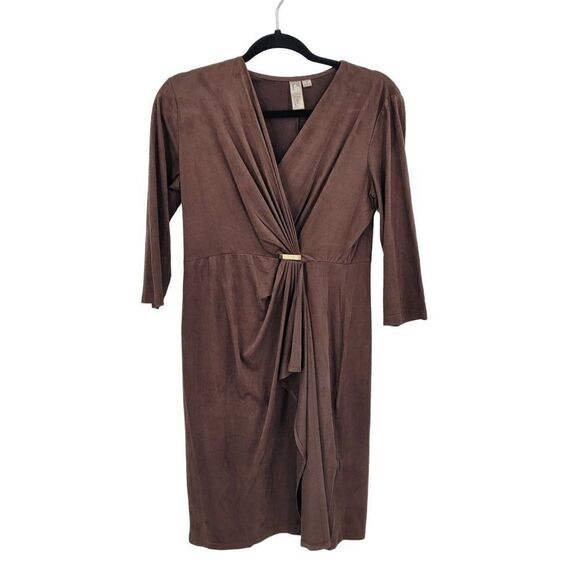 Vintage Faux Suede Mock Wrap 3/4 Sleeve Dress S Brown Stretch Native Peasant - Picture 1 of 8